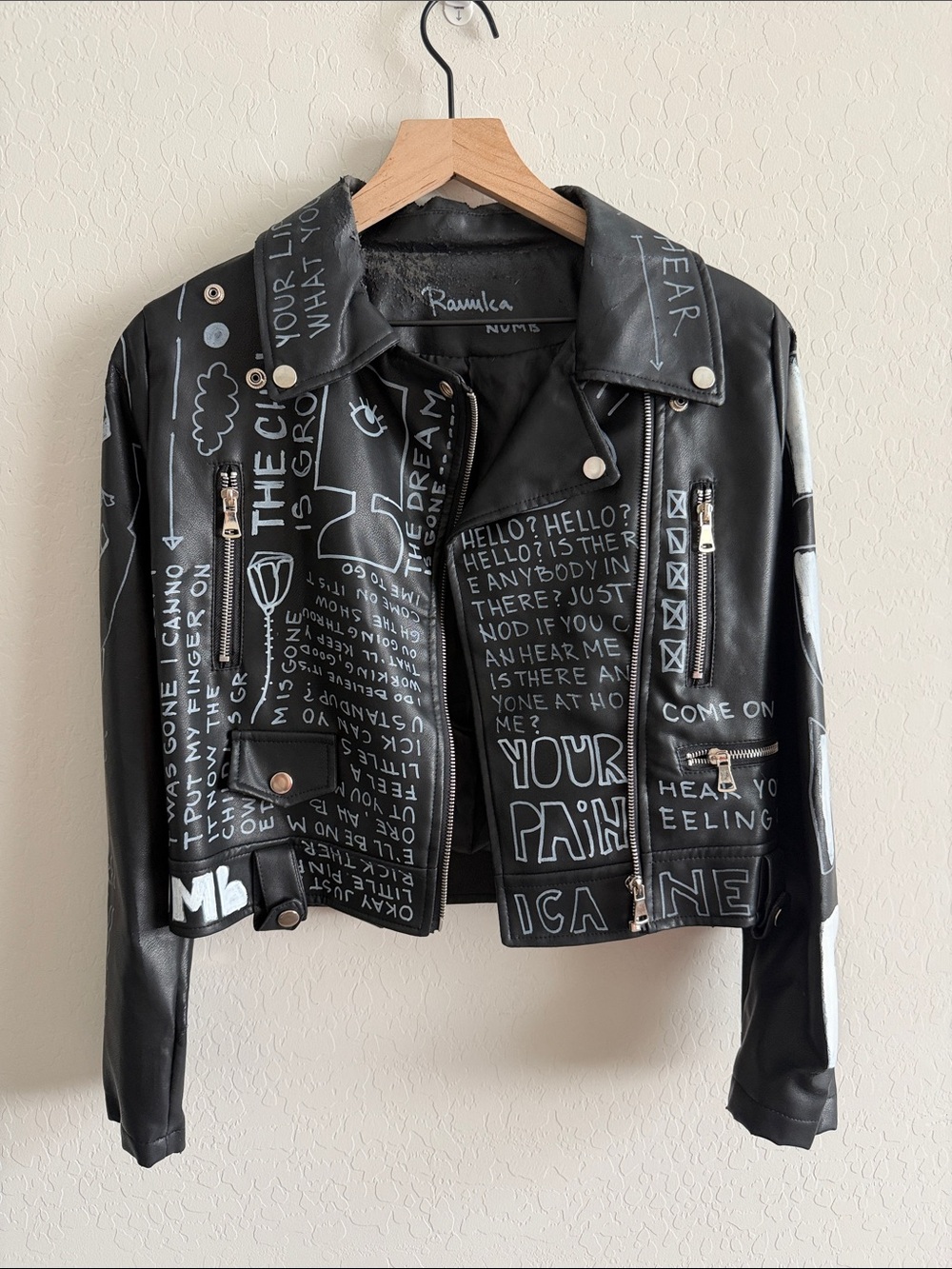 Custom Vintage Art Leather Jacket, “Numb” size XS